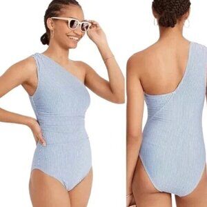 J CREW Ruched Seersucker One Shoulder One Piece Swimsuit Size 10
